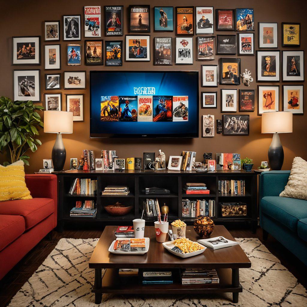 A cozy living room setup featuring a large flat-screen TV displaying a diverse selection of film genres, including new releases and classic critiques. In the foreground, popcorn and a drink sit on a stylish coffee table, while warm lighting enhances the inviting atmosphere. Various movie posters adorn the walls in a creative collage style. super-realistic. vibrant colors. cozy ambiance.