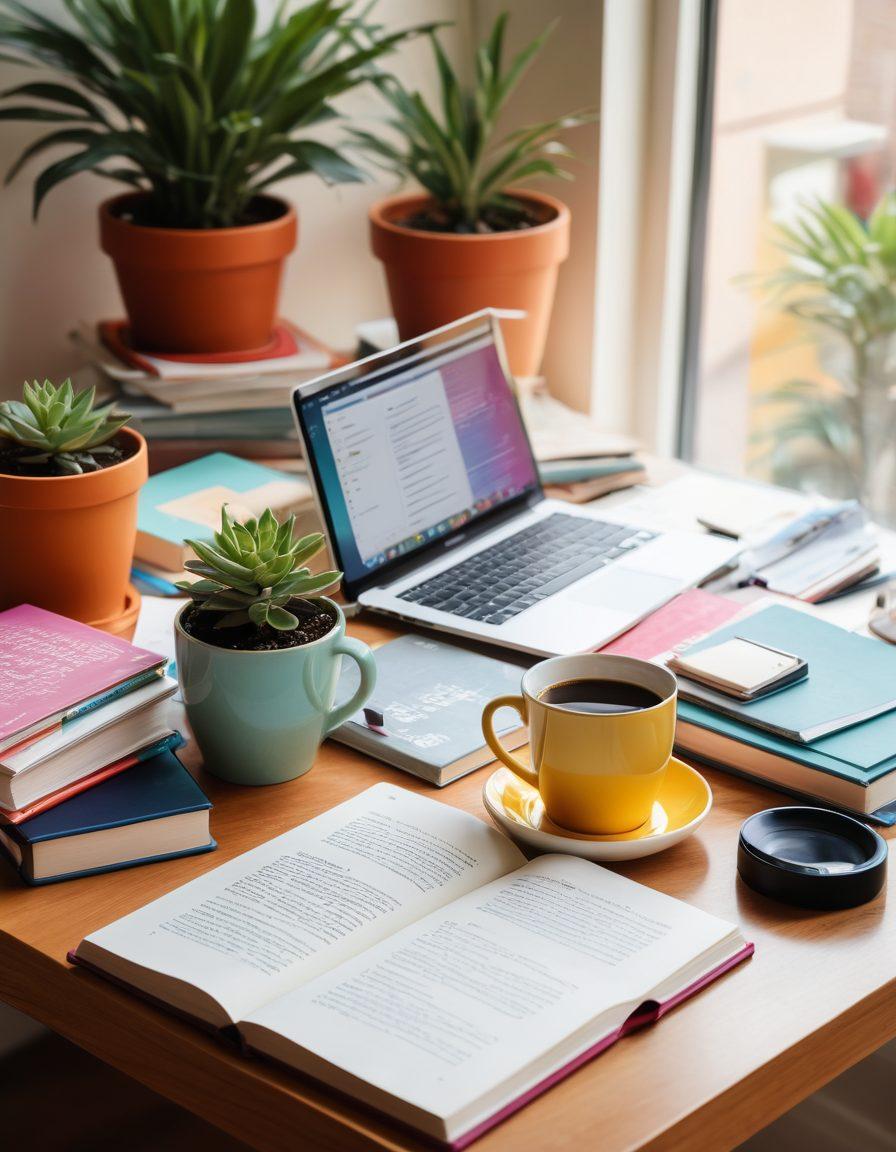 A modern guidebook lying open on a stylish desk, surrounded by colorful new release book covers and critique notes. A coffee cup, a laptop with a critique platform displayed, and a small potted plant create a cozy workspace atmosphere. Soft morning light highlights the books' colorful spines, evoking curiosity and intellect. super-realistic. vibrant colors. soft focus.