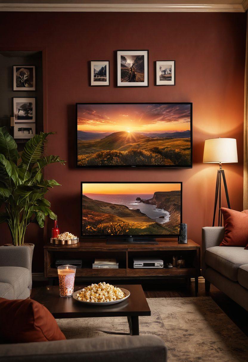 A cozy living room setting featuring a large flat-screen TV displaying a stunning high-definition film scene. Include comfortable seating with popcorn and drinks nearby, dimmed lighting for an atmospheric feel, and subtle film-themed decor like posters and a film reel. This scene should evoke a sense of excitement and relaxation, inviting viewers to immerse themselves in the cinematic experience. super-realistic. warm colors. cozy ambiance.